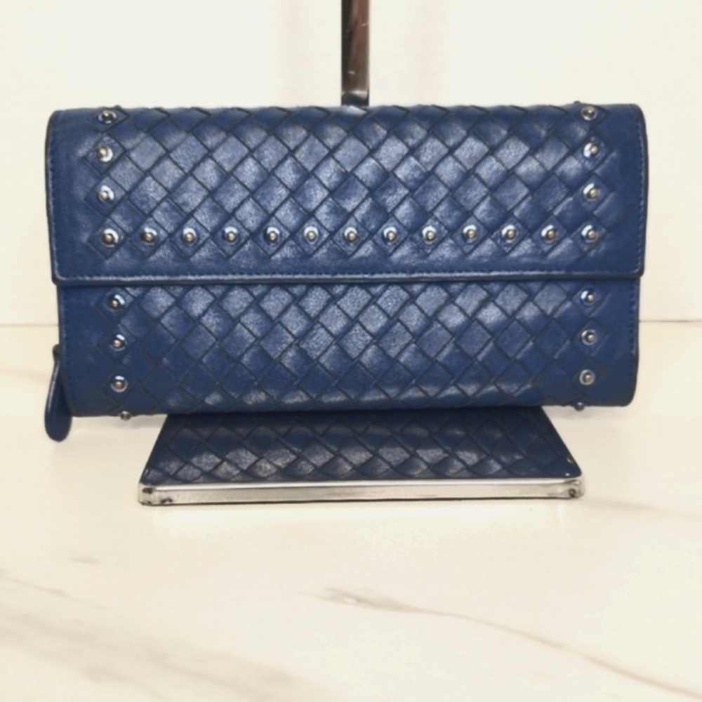 Bottega Veneta Intrecciato Studded Blue Leather Long Wallet with Box and Dustbag